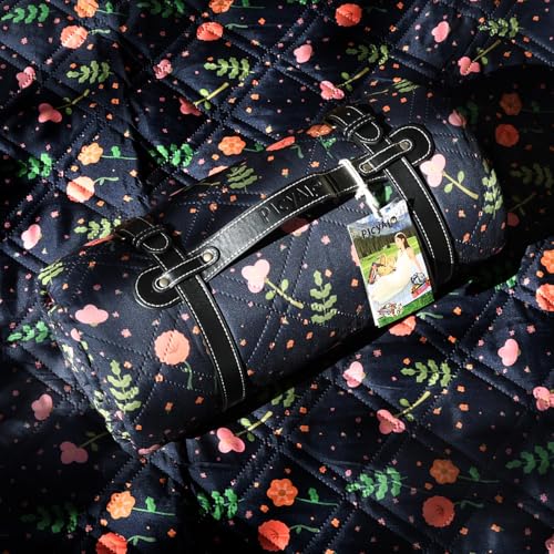 80x80” Double Thickened Picnic Blankets(150g High Density Cotton Stuffed) Navy Blue Floral Pattern Outdoor Picnic Mat Portable Picnic Blanket Foldable with Leather Carry Strap Beach Blanket - color: Blue Floral, size: 80"x80"