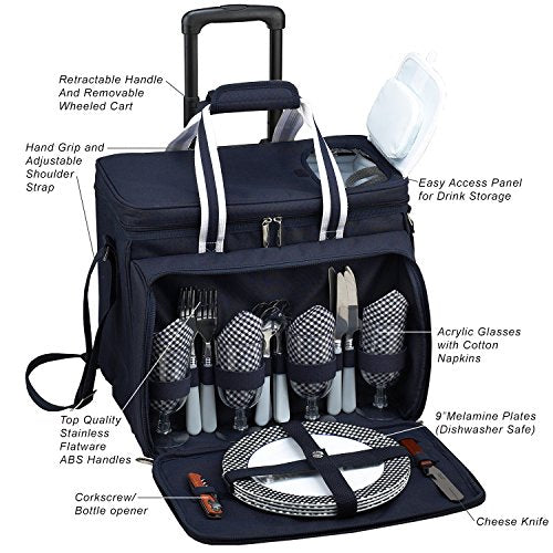 Picnic at Ascot Original Insulated Picnic Cooler with Service for 4 on Wheels-Designed & Assembled in the USA - color: Navy