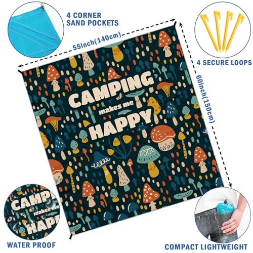 Camping Mushroom Pocket Picnic Blankets, Camp Fall Mini Beach Camping Blanket Waterproof Sandproof, Rustic RV Outdoor Picnic Blanket Mat Gifts for Camper Campsite Travel Hiking 55x60in - color: Mushroom