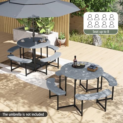 Byroce 8-Person Picnic Table for Outdoors, HDPE Picnic Table Set with 4 Benches, Umbrella Hole & Metal Frame, Heavy Duty Round Dining Table Chairs for BBQ Party in Patio, Yard & Poolside (Gray) - color: Grey