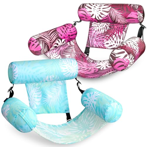 SLOOSH Inflatable Pool Floats Adult,2 Packs Floating Lounge Chairs,Blow up Pool Noodles for Adult Heavy Duty,Floating Chair for Party Summer Water Beach Lake Fun - style: Tropical Leaves-Cyan, Pink