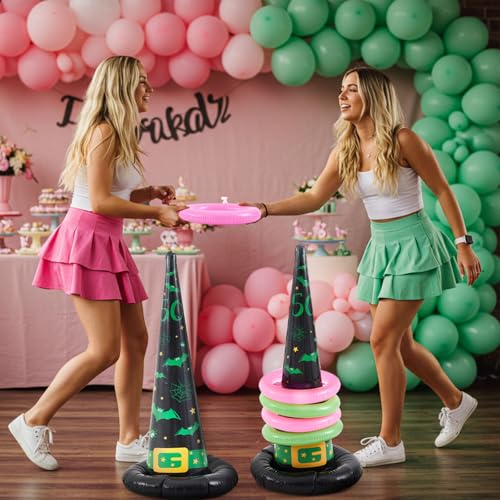 Leitee 10 Pcs Inflatable Witch Hat Ring Toss Game Set Carnival Pink and Green Inflatable Ring Toss for Witch Themed Birthday Party Decoration Indoors Outdoors
