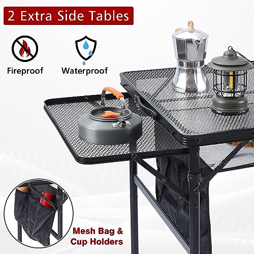 JOUYEK Folding Grill Table, 3x2 FT Portable Camping Table with 2 Wing Panels, Height Adjustable Metal Tables with Mesh Desktop and Mesh Bag, Outdoor Furniture for Camping, Picnic, Beach and BBQ, Black - style: 3X2 FT with 2 panels