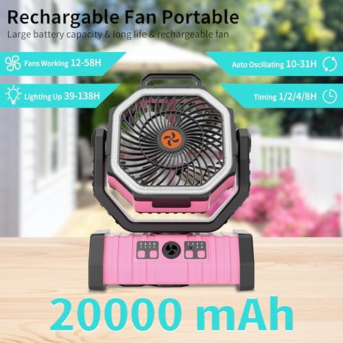 20000mAh Camping Fan Battery Operated Fans Portable,Portable Rechargeable Battery Powered Fan with LED Light,360°Oscillating & 8H Timer Camping Essentials Fans with Hook pink fan - color: Pink