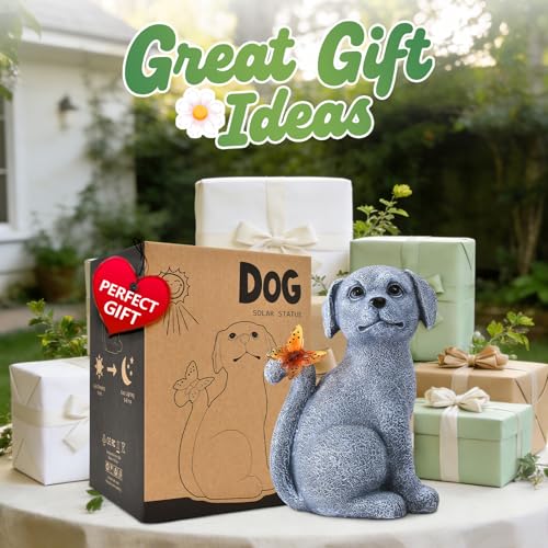 Nacome Solar Dog Outdoor Statues for Garden: Outside Decor with Butterfly Clearance for Yard Art Lawn Ornaments Patio Balcony Home House for Mom Grandma Women - color: Garden Dog