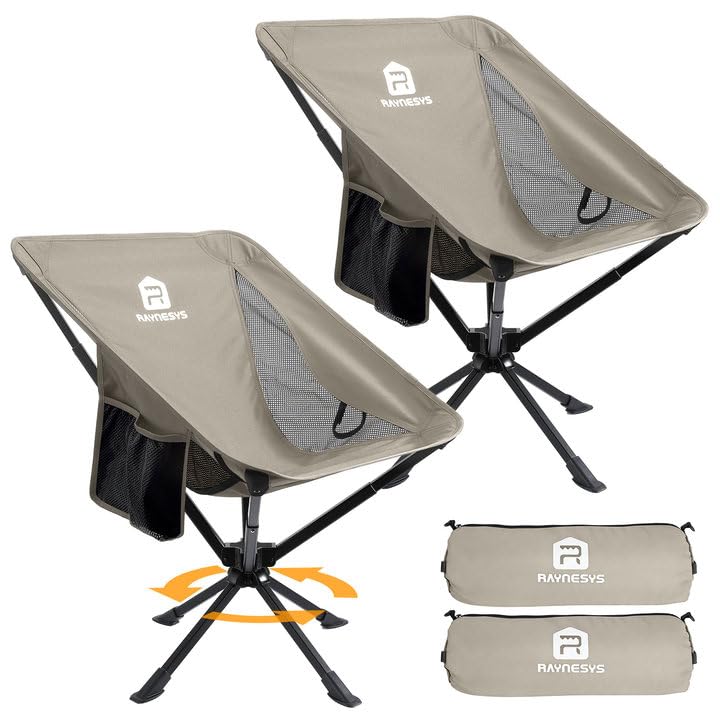 Raynesys Portable Camping Chair 2 Pack, 8 Seconds Quick Setup Folding Camping Chair, Flexible 360° Rotation, 3.8Lb Lightweight Travel Chairs for Easy Carry to Hiking, Sporting, Beach, Khaki - color: Khaki, size: 2 Pack