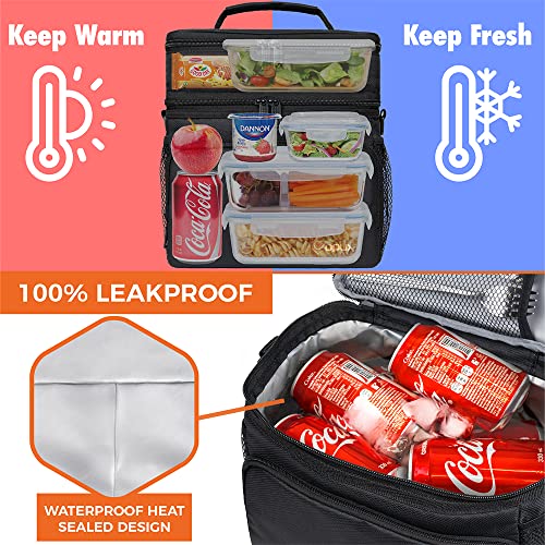 opux Insulated 2 Deck Lunch Bag for Men Women, Large Dual Compartment Cooler Bag for Work School Picnic, Leakproof with Strap for Kid Adult (Black) - color: Black, size: Double Deck