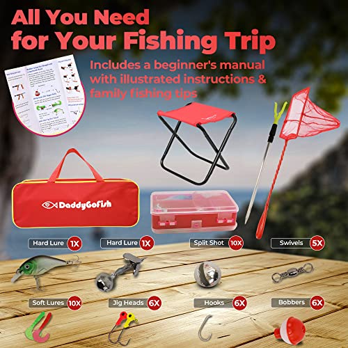 DaddyGoFish Kids Fishing Pole - Rod Reel Combo Tackle Box Starter Set - First Year Small Dock Gear Kit for Boys Girls Toddler Youth Age Beginner Little Children Junior Anglers - color: Red (Complete Set), size: 4ft