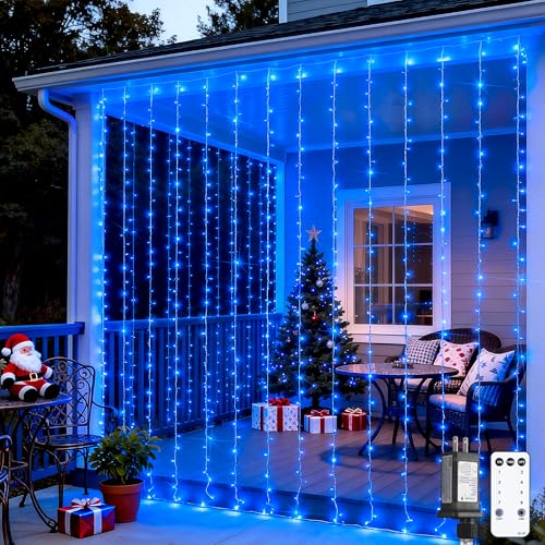 JMEXSUSS 300LED Curtain Lights, Blue Christmas Lights with Remote, Blue String Lights for Bedroom Wall Window Backdrop Garden Indoor Outdoor Pool Patio Yard Porch Decorations, 9.8x9.8ft - color: Blue, size: 300 LED