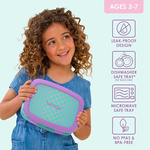 Bentgo Kids Prints Leak-Proof, 5-Compartment Bento-Style Kids Lunch Box - Ideal Portion Sizes for Ages 3-7, Durable, Drop-Proof, Dishwasher Safe, & PFAS & BPA-Free Materials (Mermaid Scales) - color: Mermaid Scales