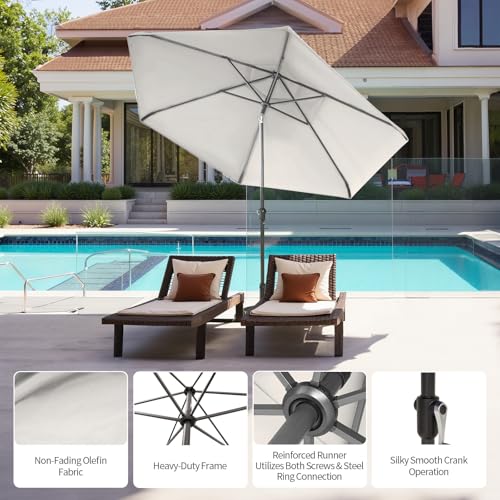 CROWN SHADES 9 Ft Patio Umbrella with Auto-Tilt & Olefin Fabric - Patented 45°Edge Connection Wind Resistant Outdoor Umbrella for Table, Pool, Beach, Effortless Crank System - color: Beige