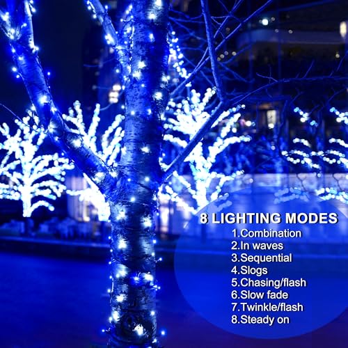 Wellisnow 164ft 500 LED Blue White Christmas Lights, 8 Lighting Modes Waterproof Christmas Lights Outdoor Plug in for Christmas Tree Yard Wedding Decorations(164FT,Blue&White) - color: Blue White, size: 164FT