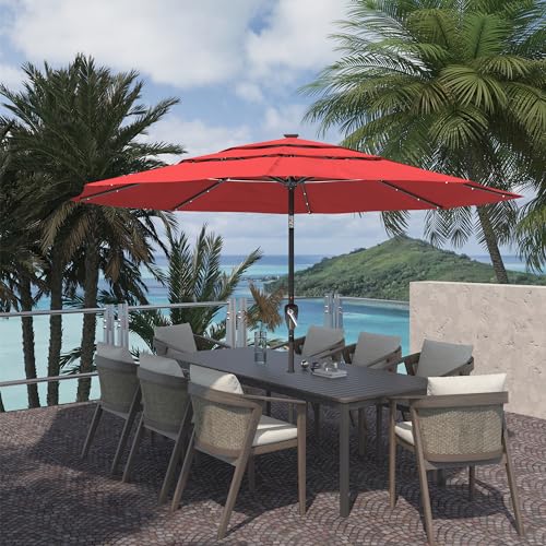 Boyel Living 11ft Patio Umbrella with Solar LED lights Outdoor Umbrella with Tilt Outdoor Large Table Market Umbrella for Poolside Deck Garden Backyard - color: Red