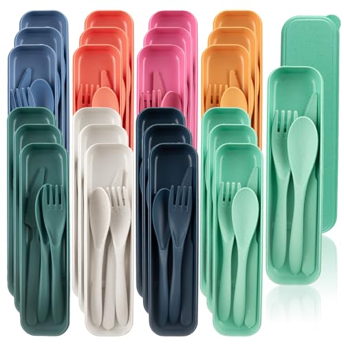 24 Sets Reusable Travel Utensils Set with Case, Wheat Straw Portable Knife Fork Spoons Cutlery, Eco-Friendly BPA Free Plastic Tableware for Kids Adults Travel Picnic Camping Utensils (8 Colors)