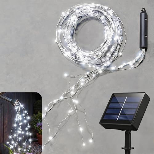 Solar Fairy Lights Outdoor White, Multi Strand 180 LEDs Watering Can String Light, Waterproof Solar Powered Waterfall Lights, Cool White Firefly Bunch Lights - color: Cool White