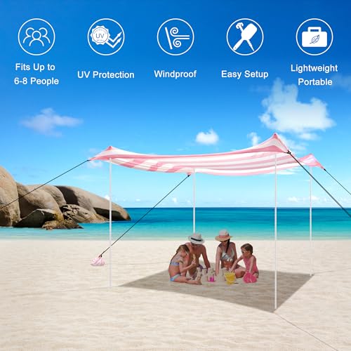 Beach Tent Canopy, UPF 50+ UV Protection Beach Sun Shade, Portable 10×10 FT Large Pop-Up Tent Sun Shelter with Sand Anchors, Ground Pegs, Easy Setup for Camping, Park, and Backyard Fun-Pink Stripe - color: Pink Stripe