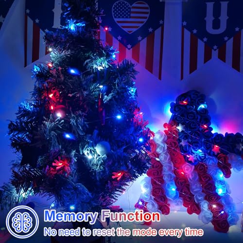 QITONG 4 Pack 4th of July Solar Fairy Lights Outdoor Waterproof, Each 33ft 100 LED Red White and Blue Pariotic Lights, 8 Modes Copper Wire Christmas String Lights for Memoria Indepedence Party Decor - color: Red White and Blue, size: 4Pack*100LED
