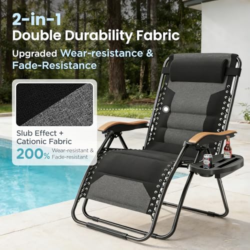 PHI VILLA XXL Oversized Padded Zero Gravity Chair, Foldable Patio Recliner, 30" Wide Seat Anti Gravity Lounger with Cup Holder, Support 400 LBS (Black) - color: Black, style: 1 Pcs