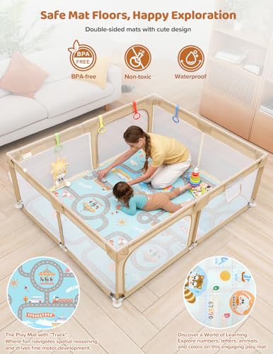 Dripex Baby Playpen with Mat, 71"x59" Play Pen for Toddlers 1-3 Years, Soft Breathable Visible Mesh, Indoor/Outdoor Portable Play Yard with Mat, Safe Baby Fence Play Area, Beige - color: Beige, size: 71"×59" with Mat