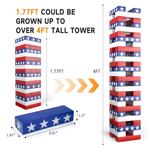 Nattork Giant Tumbling Tower (Stack from 1.77Ft to 4+ Ft), Wood Stacking Giant Blocks Game| Made from Premium Pine Wood| Ideal for Family, 54PCS Stars - color: National Flag