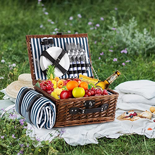 Picnic Basket for 4 with Waterproof Picnic Blanket and Insulated Cooler, Wicker Picnic Set, Willow Hamper for Camping, Outdoors, Photoshoot, or a Birthday, Mother's Day, Wedding Gift, Blue - color: Blue＆white Stripe