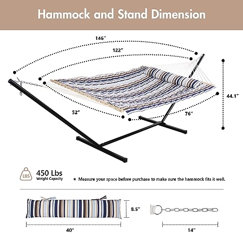 ANOW Outdoor Double Hammock with Stand, Portable Hammock with Detachable Pillow and Pad for Garden Yard Outside, 450 LBS Weight Capacity, Blue Seaside - color: Blue Seaside, size: With Stand