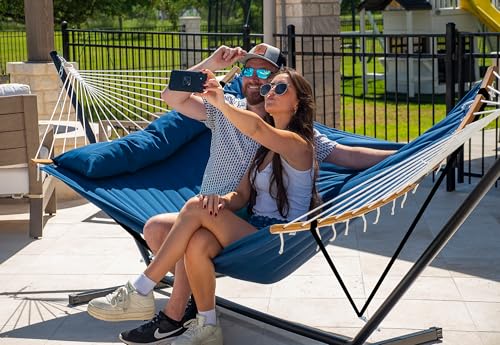 SUPERJARE Curved-Bar Hammock with Stand, 2 Person Heavy Duty Hammock Frame, Detachable Pillow & Portable Carrying Bag, Perfect for Outdoor & Indoor, Navy Blue - color: Navy Blue
