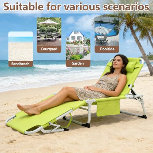 3-in-1 Heavy Duty Tanning Chair with Face Hole Adjustable 5-Position Folding Chaise Lounge Chairs Portable Lay Flat Beach Lounge Chair for Outdoor Sunbathing Patio Pool Lawn Camping Deck (Green) - color: Yellow