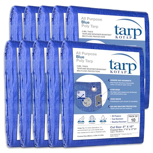 KOTAP All-Purpose Multi-Use 5-mil Poly Tarp, Blue, Cut Size 8 x 18 ft./Finished Size 7 ft. 4 in. X 17 ft. 6 in., TRA-0818-10, Waterproof - color: Blue, size: 8 X 18 Ft., (10-pack)
