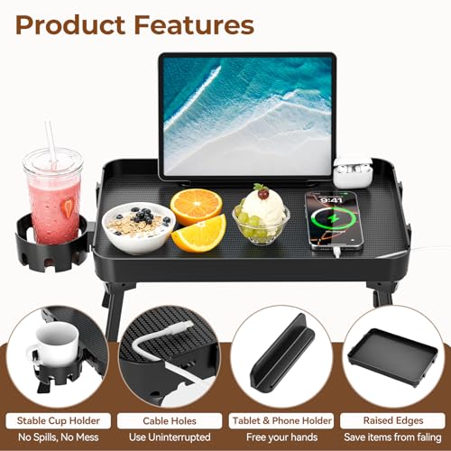 KDD Bed Tray Table with Folding Legs,Breakfast Tray with Removable Cup Holder & Phone Tablet Holder,Foldable Lap Tray for Bed, Sofa,Laptop Desk,Working,Snack, Kitchen Serving Tray,TV Table,Reading