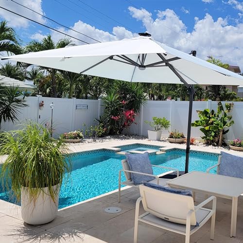 PURPLE LEAF 10 Feet Patio Umbrella Outdoor Cantilever Solar Powered LED Square Umbrella Aluminum Offset Umbrella with 360-degree Rotation for Garden Deck Pool Patio White - color: White, size: 10' X 10', style: Standard（LED）