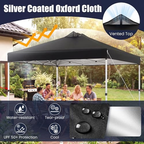 Tangkula 10 x10 Ft Pop Up Canopy with Center Lock, UPF 50+ One-Button Setup Outdoor Canopy Tent with Roller Bag, 4 Sand Bags, Heavy-Duty Steel Frame, 8 Stakes, 4 Ropes for Camping, Picnic (Black) - color: Black