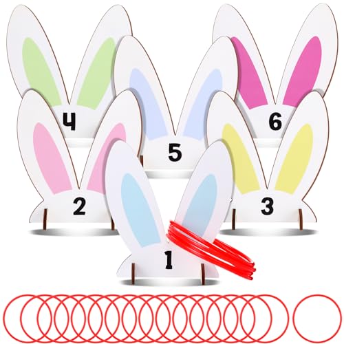 Sanwuta 38 Pcs Easter Ring Toss Games for Kids Easter Party Game 6 Bunny Ear Wooden Number Targets and 20 Toss Rings for Indoor Outdoor Family Spring Carnival Party Favor Yard Activities Decoration