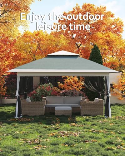 13X13 Pop Up Gazebo,Outdoor Canopy Tent with Mosquito Netting, Double Vented Roof Sun Shelter with Adjustable Heights,Outdoor Gazebo for Backyard & Patio Furniture.(Dark Army Green + Heather Gray). - color: Dark Army Green + Heather Gray