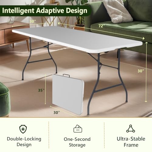 Folding Table, 6FT Foldable Picnic Table with Carrying Handle, Heavy Duty Fold-in-Half Portable Table for Weddings, Camping, RV Travel, Parties, BBQs, and Indoor Use, Easy to Fold and Store, White - color: White, size: 6FT