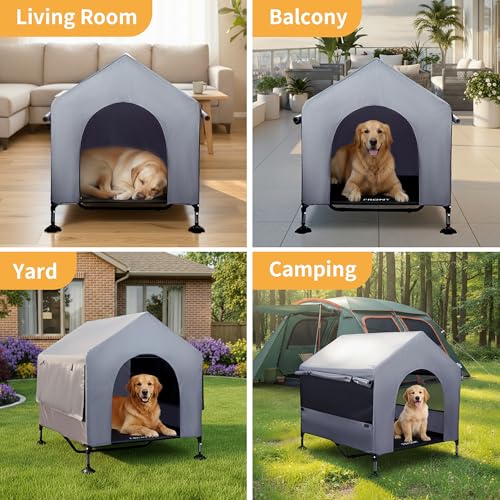 42" Dog House Outdoor Indoor with Breathable Mesh Windows, 2-in-1 Outside Dog House Elevated Dog Bed Cot Dog Tent Shade Shelter, Easy to Assemble & Clean (42 INCH) - size: 42 INCH