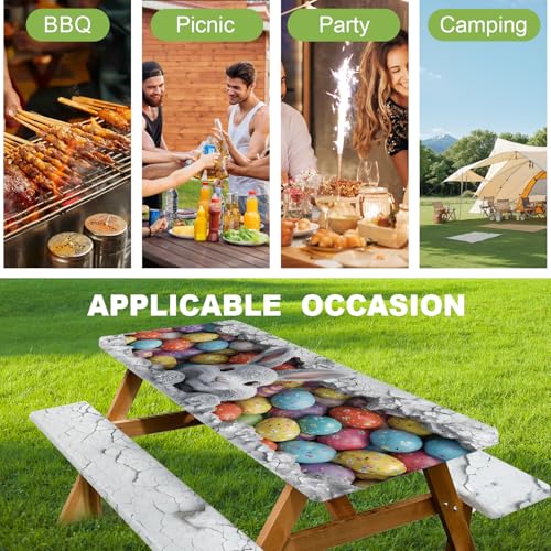 ANNA QUEEN Easter Bunny 6FT Picnic Table Cover with Bench Covers Set of 3 with Drawstring Bag, Bunny & Easter Eggs 72"x30" Waterproof Picnic Tablecloth & Bench Covers for Outdoor Party - color: #60
