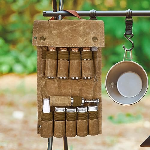 TOBWOLF Camping Spice Kit with 9 Jars, 2 Salt/Pepper Grinders, Portable Spice Bag, Foldable Canvas Seasoning Storage Bag Organizer, Mini Condiment Container Set for Outdoor Camping Picnic BBQ - Khaki - color: Khaki