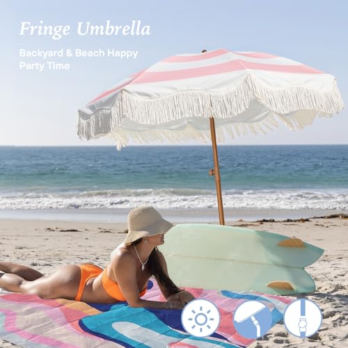 AMMSUN Boho Fringe Umbrella with Outdoor Blanket, 6.5ft UPF50+ Picnic Umbrella with Tassels with Steel Pole & Push Button Tilt, Pink Stripes - color: Pink Stripes with Blanket