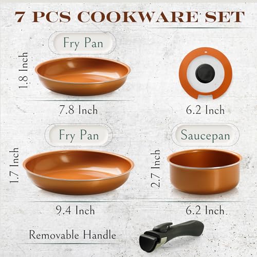 Moss & Stone Copper Pots And Pans Set Nonstick, Removable Handle Cookware, Stackable Pots And Pans Set, Dishwasher safe, Induction Pots And Pans, Camping Cookware Set, Aluminum (7 Pcs) - size: 7 Pcs Copper