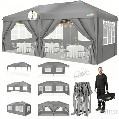 COBIZI 10x20 Pop Up Canopy Tent Commercial Instant Shelter with 6 Sidewalls, Durable Waterproof Portable Gazebo UPF 50+ for Outdoor Party, Wedding, Vendor Events (Gray) - color: Gray, size: 10x20FT with 6 sidewalls