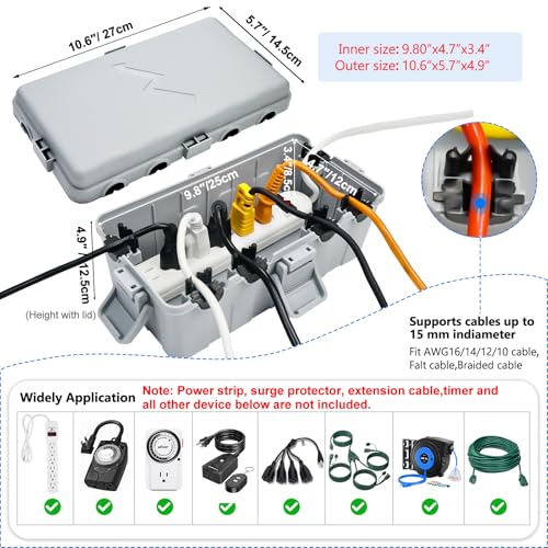 Hrensaw Medium Outdoor Electrical Box(10.6x5.5x4.5inch),IP54 Waterproof Extension Cord Cover w/6 Cable Entry,Weatherproof Connection Box Protect Power Strip,Timer,Plug,Holiday Lights,Grey - color: Grey, size: Medium