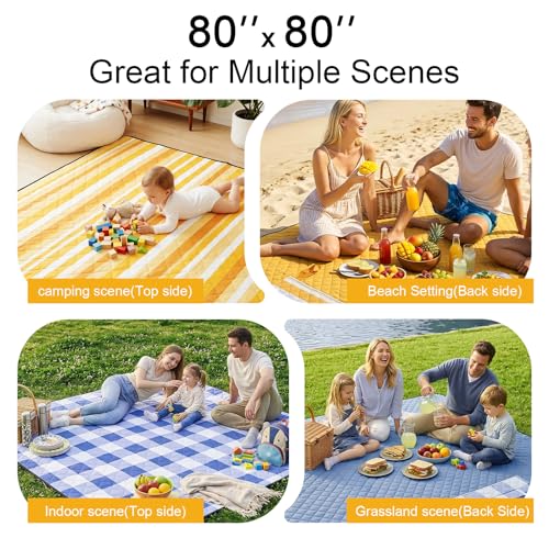2 in 1 Tote Picnic Blanket Waterproof Outdoor Camping Mat,Large Capacity Beach Blanket 80''x80'' 7 Layers Easy to Foldable and Carry. - color: Yellow