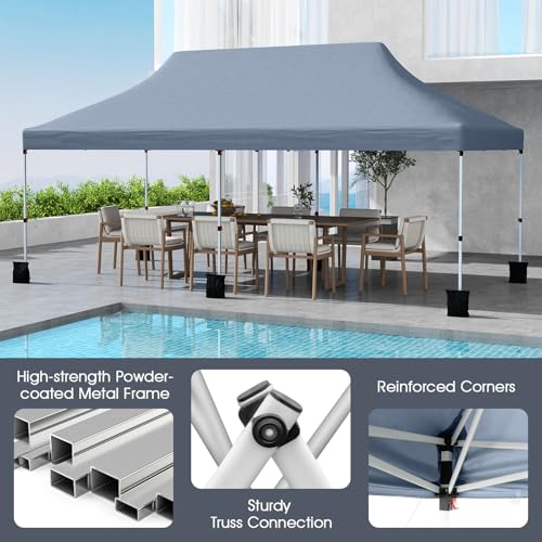 Tangkula 10x20 Ft Pop Up Canopy, Instant Setup Tent with 6 Sandbags, 12 Stakes & 6 Ropes, UPF 50+ Portable Outdoor Canopy Tent with Carrying Bag for Camp, Beach, Patio (Gray) - color: Gray, size: 10x20 FT