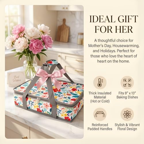 Insulated Casserole Carrier Fits Pioneer Woman Kitchen Stuff & 9x13 Baking Dish, Large Lasagna Lugger Tote, Leakproof Thermal Food Warmer Bag for Potluck, Picnic, Travel, Hot/Cold Food & Mom Gifts - color: Floral#2