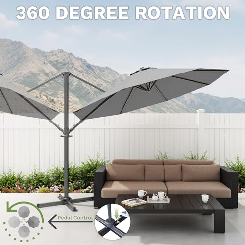 Patiowell 10 FT Patio Umbrella, Outdoor Cantilever Umbrella with 360 Degree Rotation & 5 Adjustable Tilt, Large Hanging Offset Round Sun Umbrella with Frame for Backyard Garden Poolside, Gray - color: Gray, size: 10 FT