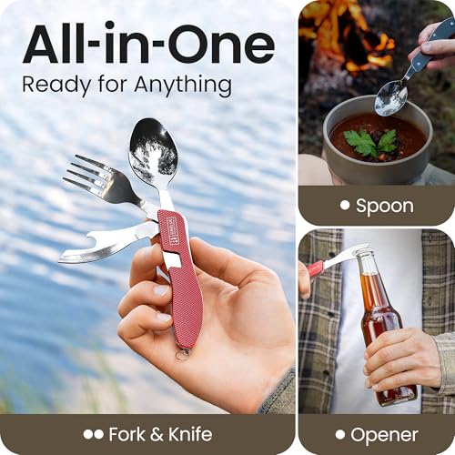 Orblue 4-in-1 Camping Utensils, 1-Pack, Portable Stainless Steel Spoon, Fork, Knife & Bottle Opener Combo Set - Travel, Backpacking Cutlery Multitool, Red - color: 1-PACK Live Red