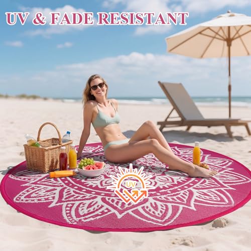 Round Outdoor Rug 6ft Waterproof Reversible Boho Plastic Straw Patio Deck Camping Rugs, Indoor Outdoor Portable RV Mat Carpet for Outside, Porch, Balcony, Backyard, Beach, Pool, Pink - color: Pink, size: Round 6ft
