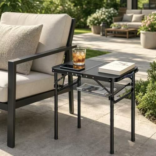 Yriuat Outdoor Side Table, Portable 3 Adjustable Height Small Outdoor Folding Table, Aluminum Foldable Patio Side Tables for Outside Indoor, Plant Stand Coffee End Table for Pool, Porch,Garden(Black) - color: Black
