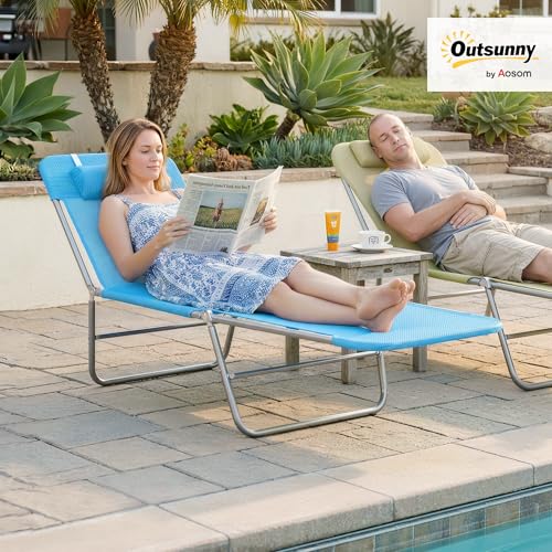 Outsunny Folding Chaise Lounge Pool Chairs, Outdoor Sun Tanning Chairs with Pillow, Reclining Back, Steel Frame & Breathable Mesh for Beach, Yard, Patio, Blue - color: Blue